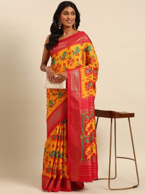 mamta fashion online Printed Bollywood Crepe, Pure Silk Saree(Yellow, Red)
