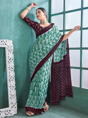 Divastri Printed Ikkat Pure Cotton Saree(Light Green)