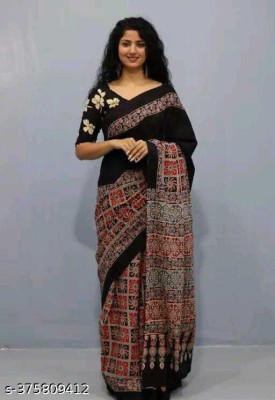 JAIPURI BLOCK PRINT Blocked Printed, Color Block, Dyed, Floral Print, Printed Daily Wear Pure Cotton Saree(Black)