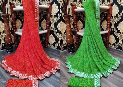 Kanooda Prints Printed Bandhani Georgette Saree(Pack of 2, Multicolor)