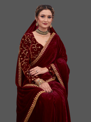 hutah Embroidered Bollywood Velvet Saree(Maroon)