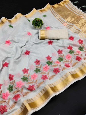 Devastri Embroidered Bollywood Cotton Linen Saree(Pink, White)