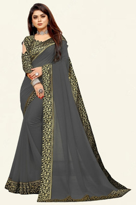 Jevlan Solid/Plain Bollywood Georgette Saree(Grey)
