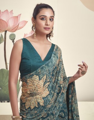 Satrani Floral Print, Embroidered, Embellished Bollywood Chiffon, Georgette Saree(Green, Beige)