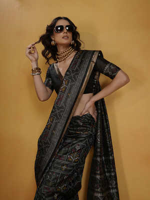 Eeza Woven, Printed Handloom Silk Blend Saree(Multicolor)