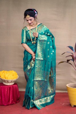 Croza Woven Kanjivaram Art Silk, Silk Blend Saree(Light Green)