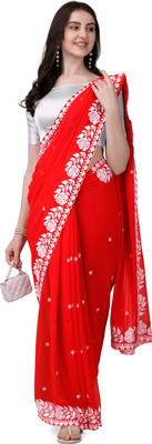 HESVI Embroidered Lucknow Chikankari Georgette Saree(Red)