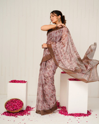 SHRIVAN FASHION Printed Bollywood Cotton Linen Saree(Cream, Brown)