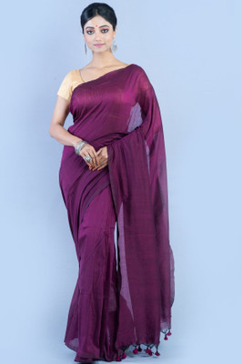HouseOfCommon Solid/Plain Handloom Cotton Blend Saree(Purple)