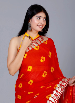 KAKADIYA CREATION Self Design, Hand Painted, Digital Print, Color Block, Checkered Bandhani Chiffon Saree(Red)