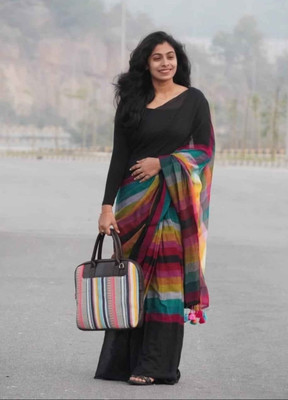 Lakshmi Boutique Color Block Bollywood Mulmul Saree(Multicolor, Black)