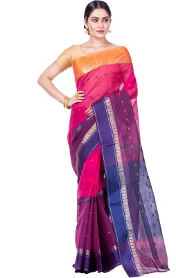 DipDiya Self Design Tant Pure Cotton Saree(Blue, Pink)