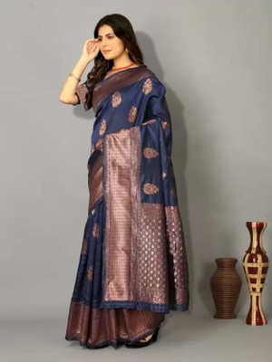 siddharth textiles Self Design Banarasi Cotton Silk Saree(Dark Blue)