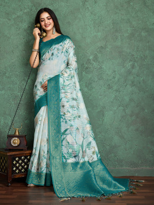 Divastri Printed Banarasi Linen Saree(Blue)