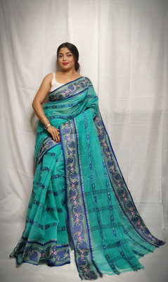 KhayaFashion Printed Tant Pure Cotton Saree(Light Blue)