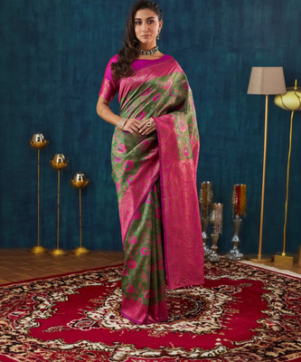 SIRIL Woven, Embellished Banarasi Silk Blend Saree(Green, Magenta)