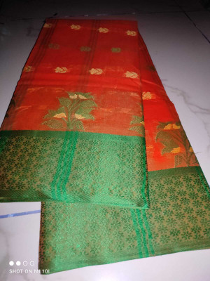 BiswasTextiles Self Design Tant Pure Cotton Saree(Orange)