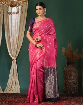 SIRIL Woven, Embellished Kanjivaram Silk Blend, Jacquard Saree(Blue, Pink)