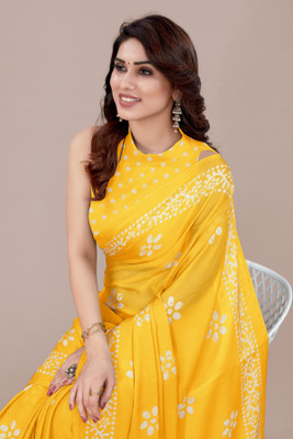 MIRCHI FASHION Printed, Blocked Printed Hand Batik Chiffon, Georgette Saree(Yellow, White)