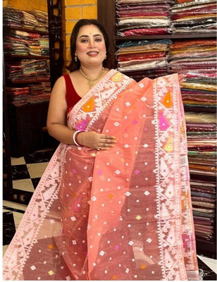 SP Boutique Woven Jamdani Cotton Silk Saree(Pink)