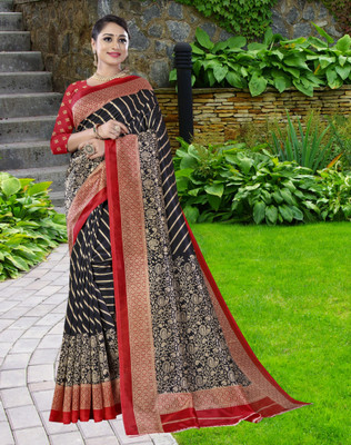 shree laxmi Floral Print Banarasi Cotton Silk Saree(Black)