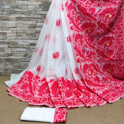 DURGA TEXTILE Woven, Printed, Self Design, Embellished, Floral Print, Blocked Printed Jamdani Cotton Blend, Jacquard Saree(White, Red)