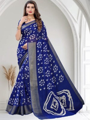 Grubstaker Printed Hand Batik Cotton Blend Saree(Blue)