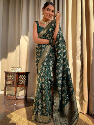 RUCHAA FASHION Printed Banarasi Pure Silk Saree(Dark Green)