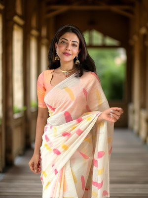 Myraani Printed Bollywood Cotton Linen, Art Silk Saree(Orange)