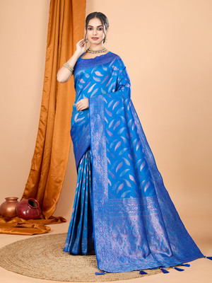 Yogik Creation Floral Print Banarasi Silk Blend Saree(Blue)