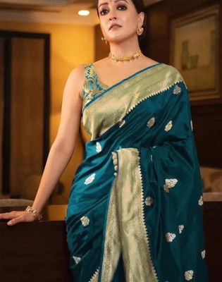 Samah Woven, Embellished Banarasi Jacquard, Silk Blend Saree(Blue)