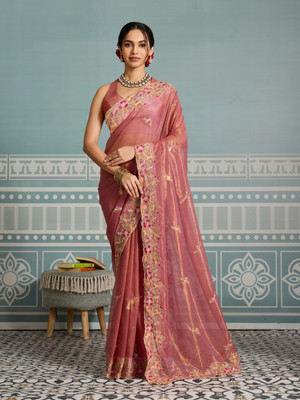 BHAGYAVATI DESIGNER Embroidered, Floral Print, Embellished Bollywood Chiffon, Net Saree(Pink)