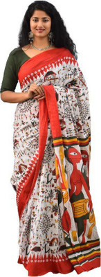 Tropwear Printed, Self Design, Digital Print, Hand Painted, Blocked Printed Ikkat Pure Cotton Saree(Red)