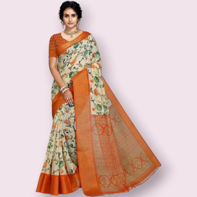 Grubstaker Printed Assam Silk Cotton Blend Saree(Multicolor)