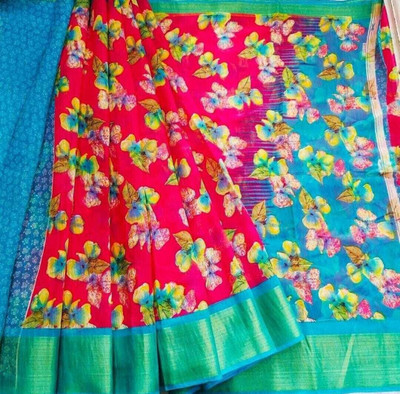ROOP SUNDARI SAREES Printed Daily Wear Cotton Linen Saree(Light Blue, Red)