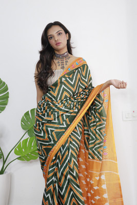ETHNICPORT Printed Ikkat Pure Cotton Saree(Dark Green)