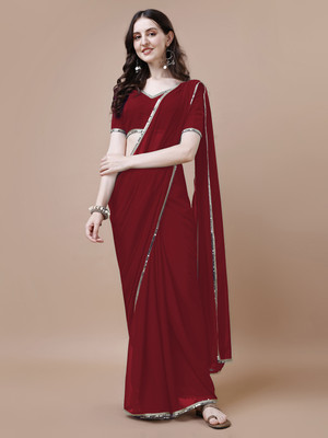 Rensa Solid/Plain, Self Design, Embellished Bollywood Georgette Saree(Red)