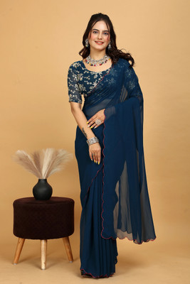 KONICA FAB Solid/Plain Bollywood Georgette Saree(Dark Blue)