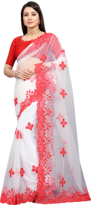 HouseOfCommon Embroidered Bollywood Net Saree(White)