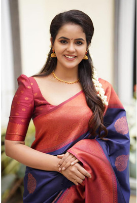 Madhav Creation Woven Banarasi Art Silk Saree(Blue)