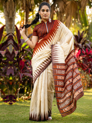 Divastri Printed Tant Silk Blend Saree(Beige)
