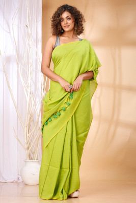 guha group Solid/Plain Handloom Cotton Blend Saree(Light Green)