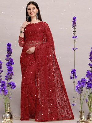 NORAFLEXx Self Design Bollywood Net Saree(Maroon)