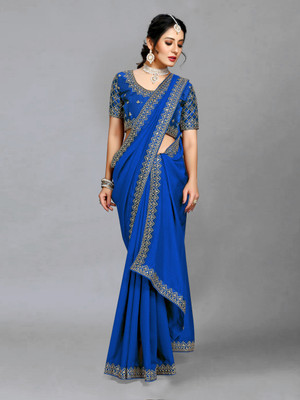 Vivan Fab Self Design, Embroidered Bollywood Silk Blend Saree(Blue)