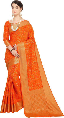 Ratnavati Self Design Patola Silk Blend Saree(Orange)