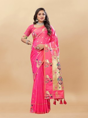 Bansari Textiles Self Design, Woven, Applique, Printed, Temple Border, Striped Paithani Jacquard, Cotton Blend Saree(Pink)