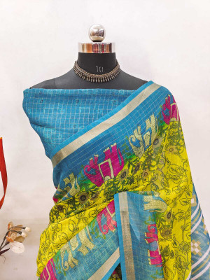 Saaransh Floral Print Kanjivaram Linen, Cotton Silk Saree(Yellow)