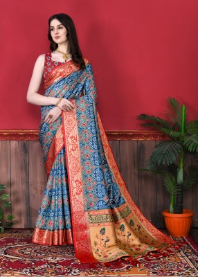 ZILVIRA Woven, Applique, Embellished, Printed, Dyed Patola Pure Silk, Art Silk Saree(Blue)