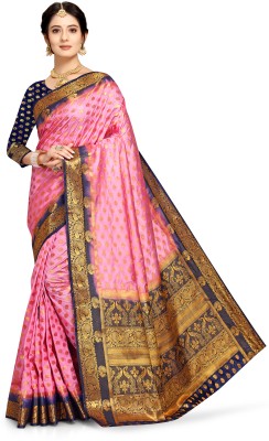 Radadiyabrothers Woven Kanjivaram Jacquard Saree(Dark Blue, Pink)