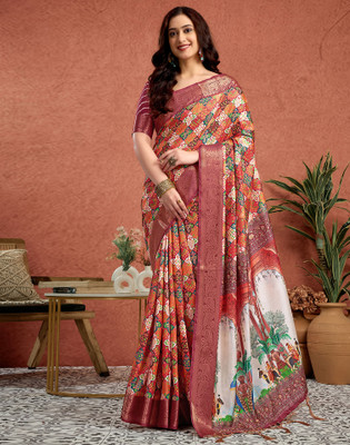 Satrani Printed, Woven, Embellished Kalamkari Tussar Silk, Cotton Silk Saree(Multicolor)